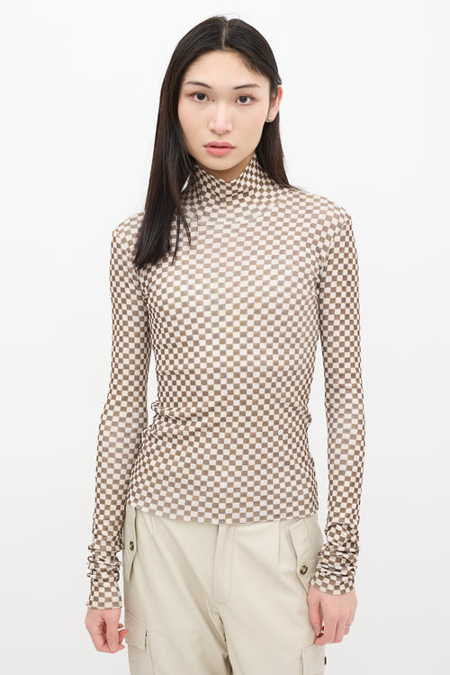 Nanushka Beige & Green Checkered Turtleneck Top