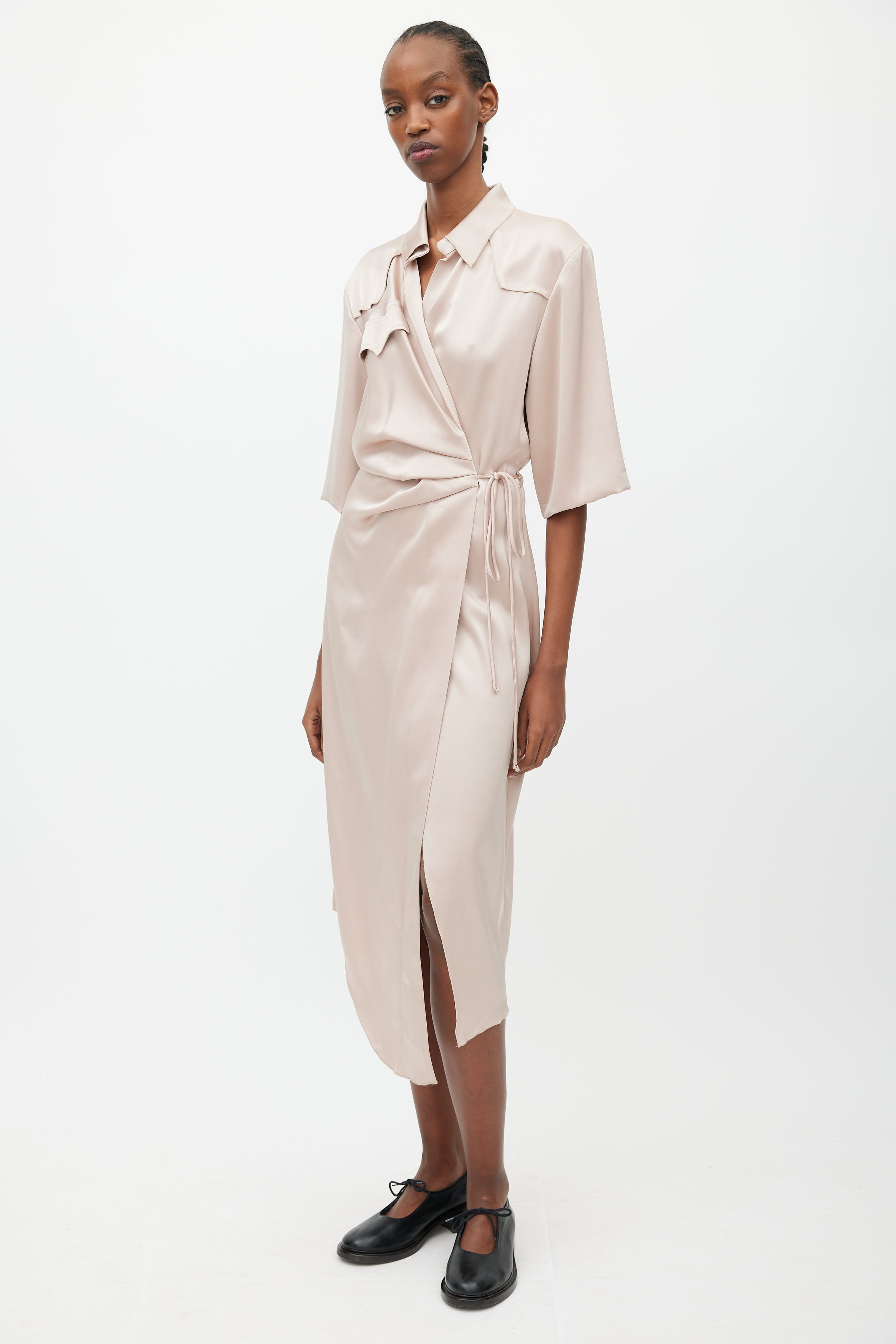 pink satin wrap dress Raffie | PINK Long-Sleeve Midi Dress With Satin Wrap Skirt