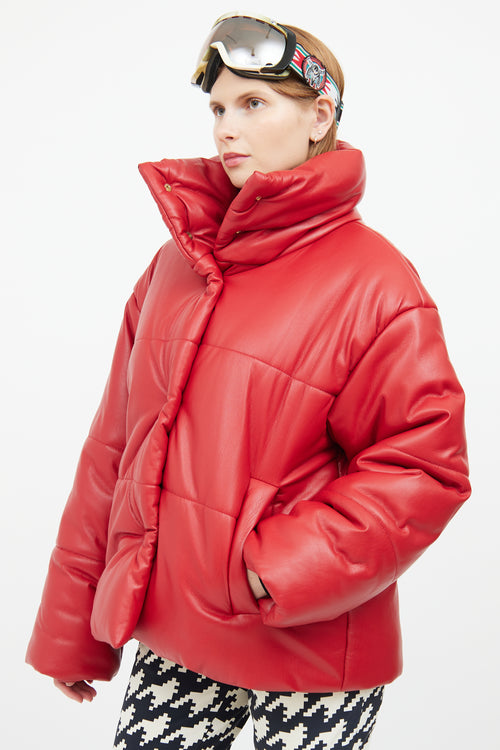 Red Vegan Leather Puffer Jacket