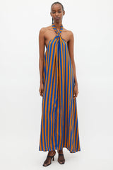 Natalie Martin Blue & Brown Striped Halter Dress