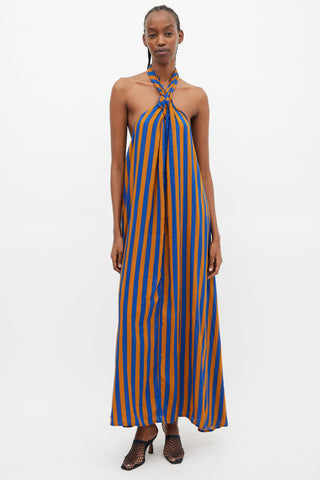 Natalie Martin Blue & Brown Striped Halter Dress