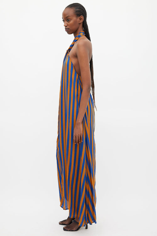 Natalie Martin Blue & Brown Striped Halter Dress