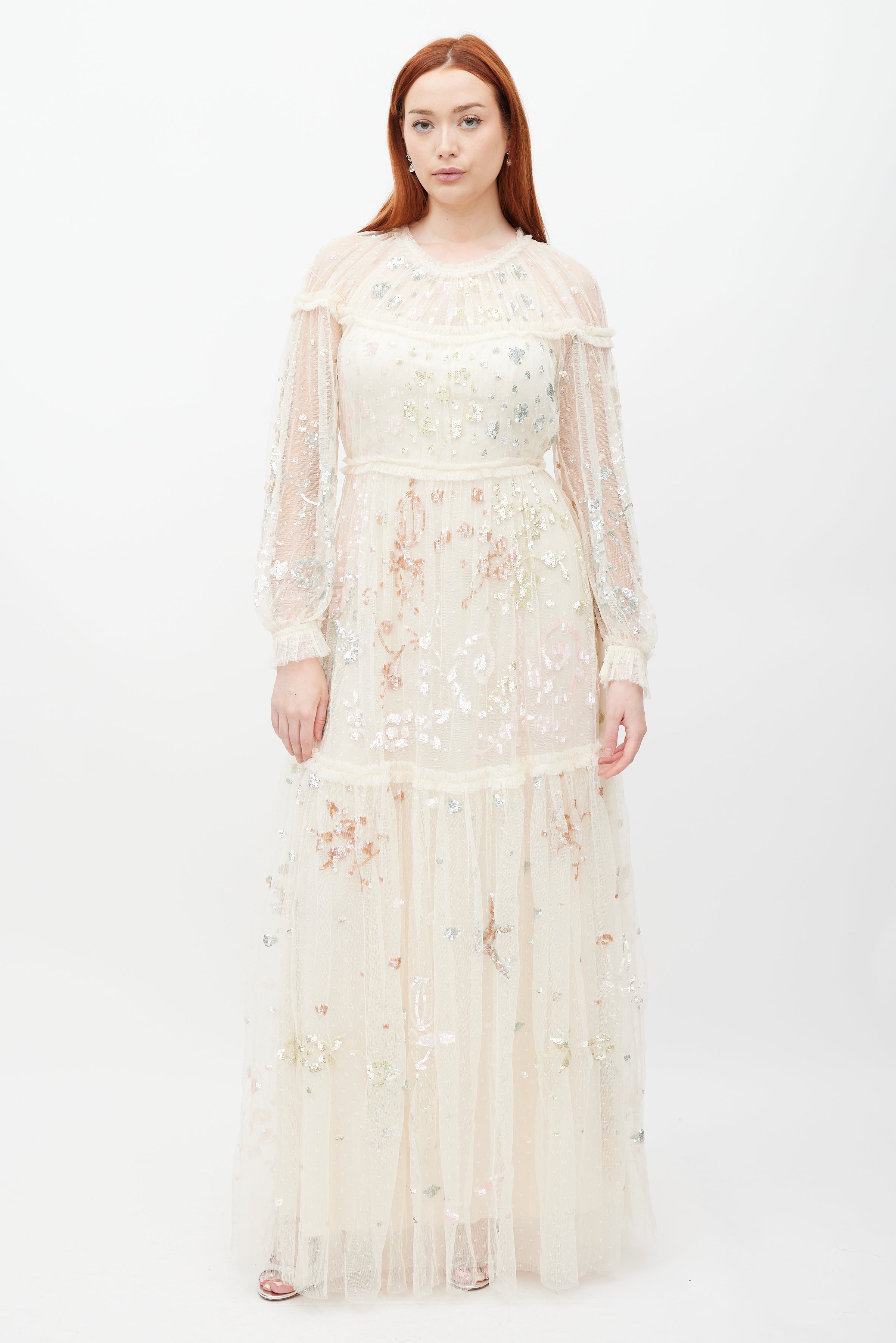 Needle & Thread // Cream Mesh Tiered Sequin Dress VSP Consignment Needle & Thread // Cream Mesh Tiered Sequin Dress VSP Consignment