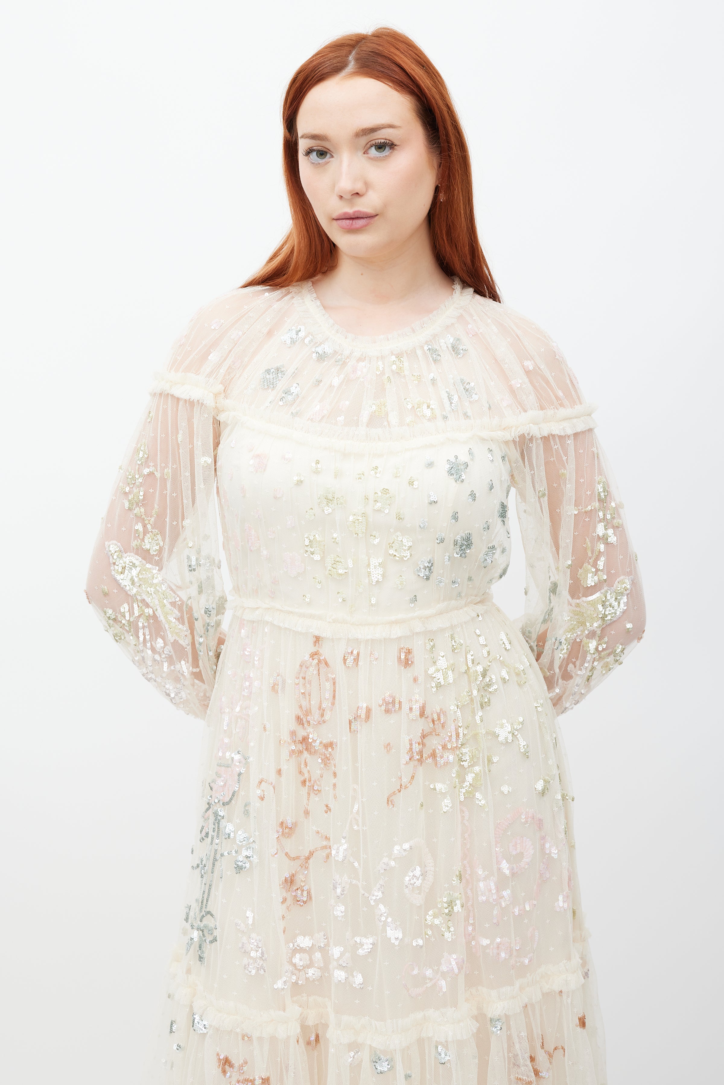Needle & Thread // Cream Mesh Tiered Sequin Dress VSP Consignment Needle & Thread // Cream Mesh Tiered Sequin Dress VSP Consignment