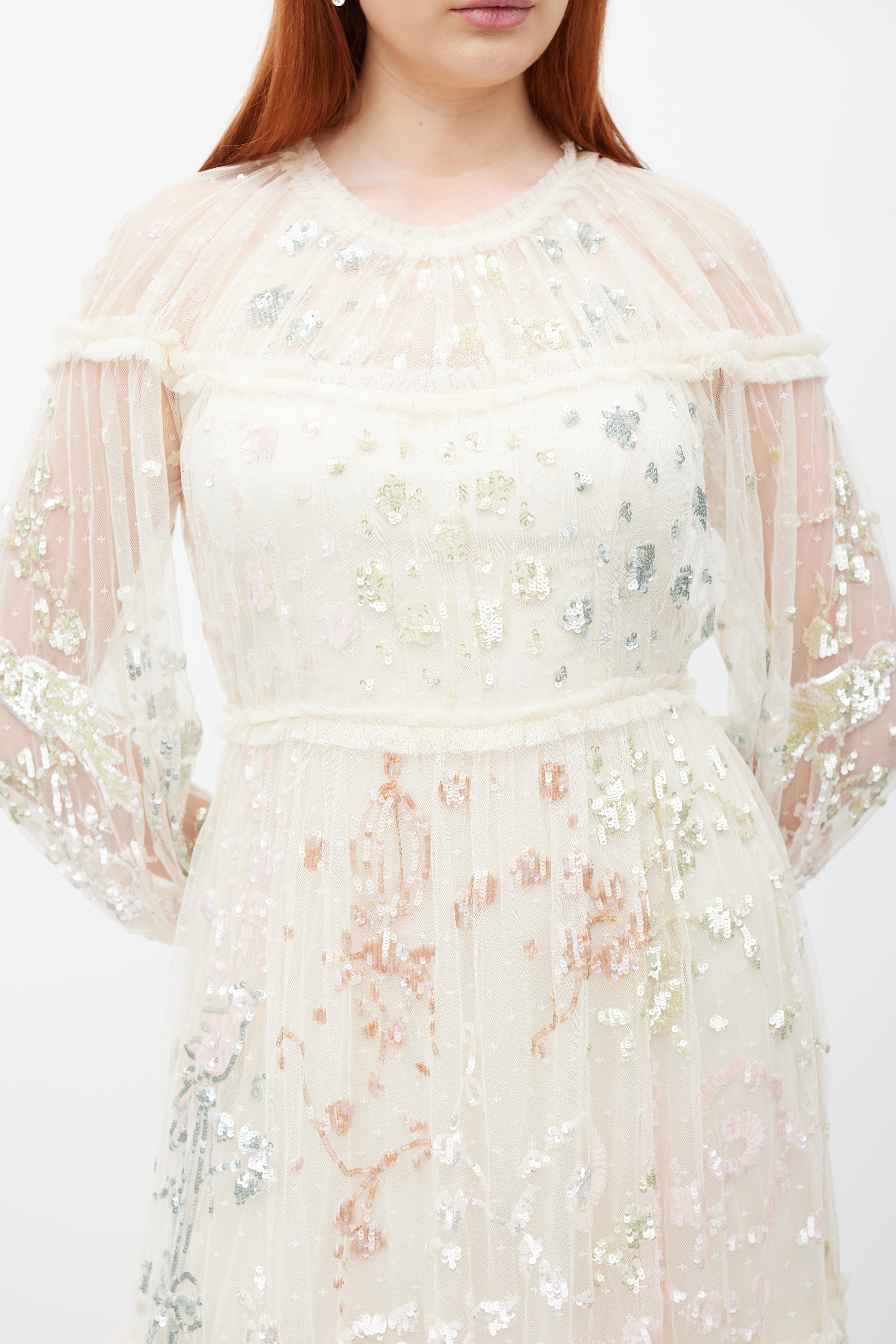 Needle & Thread // Cream Mesh Tiered Sequin Dress VSP Consignment Needle & Thread // Cream Mesh Tiered Sequin Dress VSP Consignment