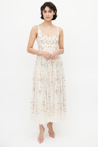 Needle & Thread Beige & Multicolour Floral Embroidered Tulle Dress