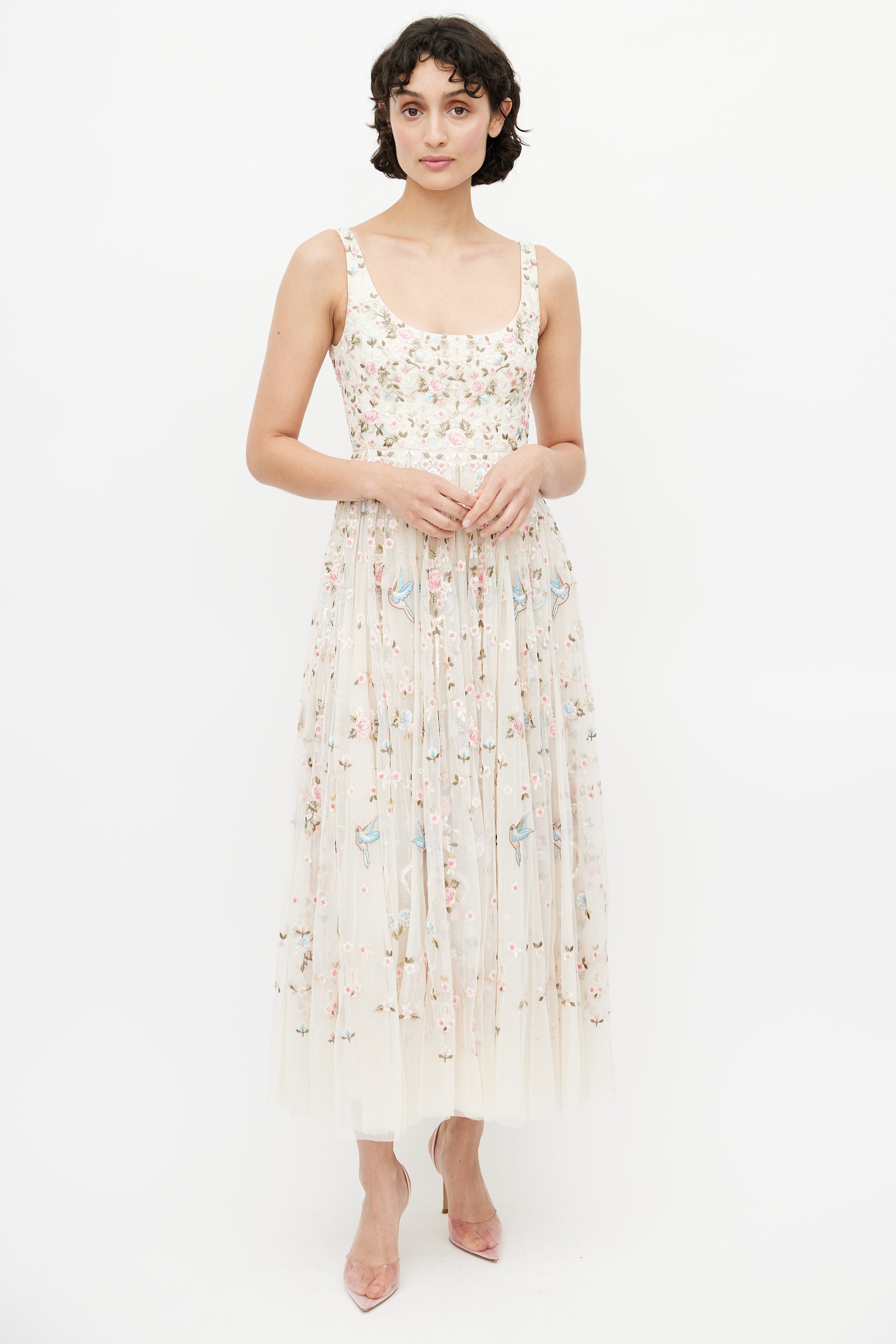 Needle & Thread // Beige & Multicolour Floral Embroidered Tulle Dress VSP Consignment Needle & Thread // Beige & Multicolour Floral Embroidered Tulle Dress VSP Consignment