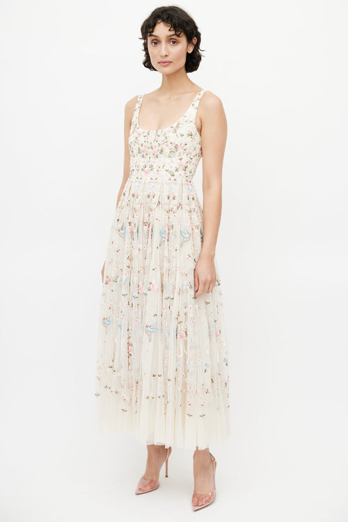 Needle & Thread Beige & Multicolour Floral Embroidered Tulle Dress
