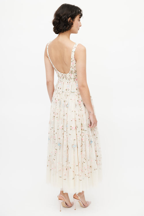 Needle & Thread Beige & Multicolour Floral Embroidered Tulle Dress
