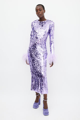New Arrivals Purple Feather Trimmed Sequin Midi Dress