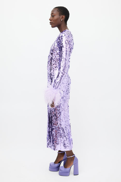 New Arrivals Purple Feather Trimmed Sequin Midi Dress