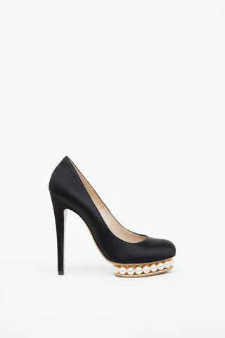 Black Satin & Pearl Platform Pump