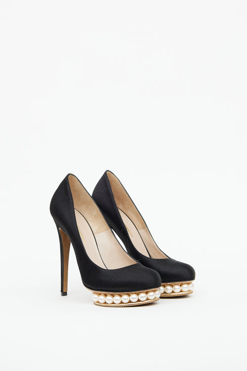 Black Satin & Pearl Platform Pump