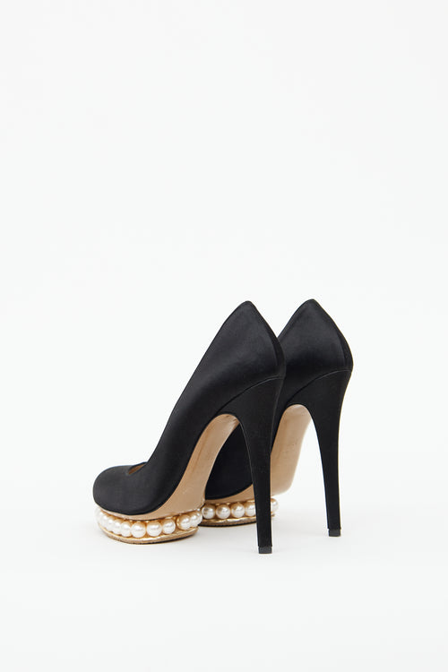 Black Satin & Pearl Platform Pump