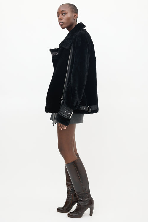 Nicole Benisti Black Shearling & Leather Buckled Jacket