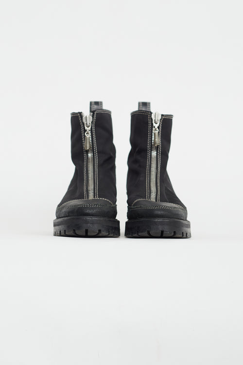 Nicole Saldana Black Leather & Nylon Zip Front Boot