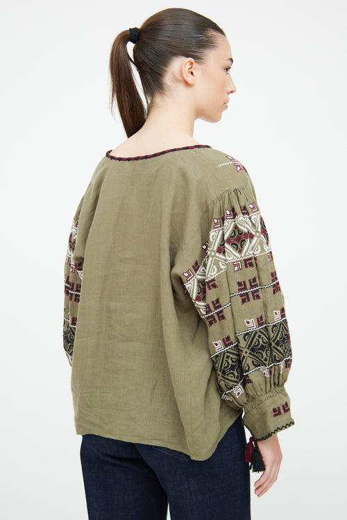 Nili Lotan Green Linen Embroidered Top