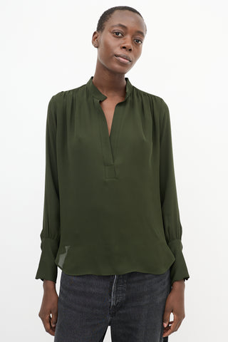 Nili Lotan Green Silk V-Neck Gathered Detail Blouse