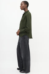 Nili Lotan Green Silk V-Neck Gathered Detail Blouse