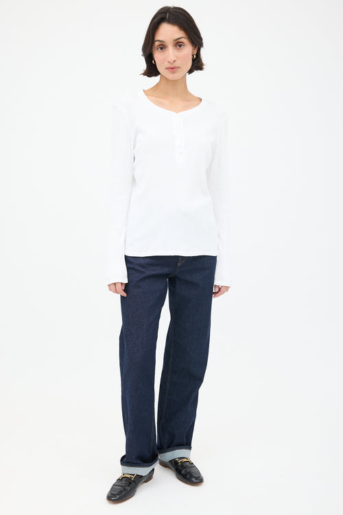 Nili Lotan White Ribbed Henley Shirt