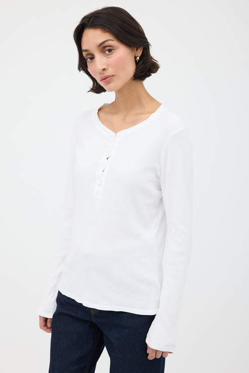 Nili Lotan White Ribbed Henley Shirt