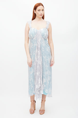 Nina Duong Blue & White Floral Gathered Dress