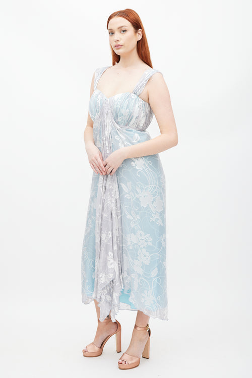 Nina Duong Blue & White Floral Gathered Dress