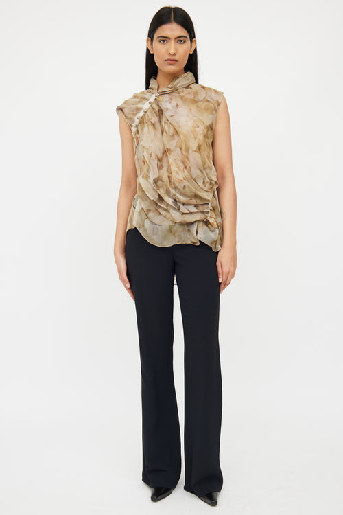 Nina Ricci Green & Beige Floral Silk Blouse