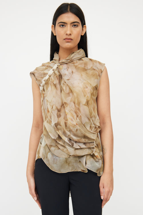 Nina Ricci Green & Beige Floral Silk Blouse