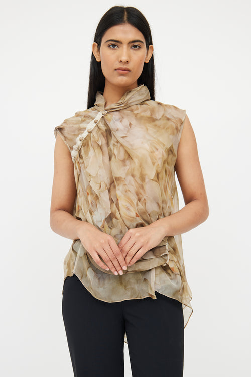 Nina Ricci Green & Beige Floral Silk Blouse