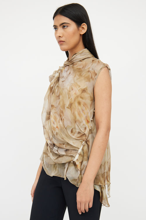 Nina Ricci Green & Beige Floral Silk Blouse