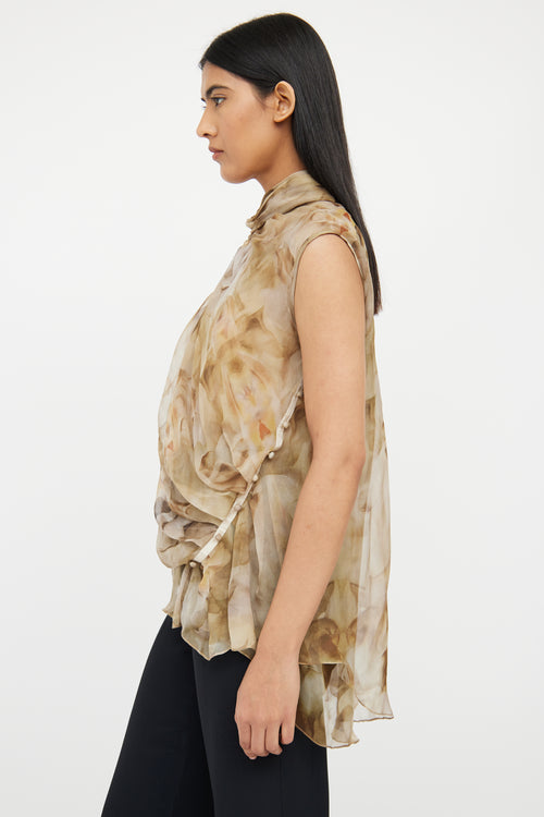 Nina Ricci Green & Beige Floral Silk Blouse