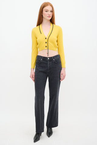 No°21 Yellow Wool Cropped Rhinestone Cardigan