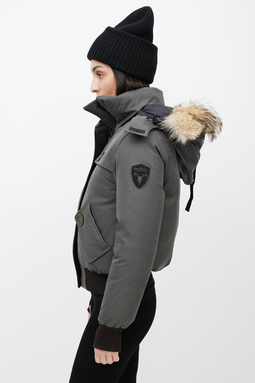 Nobis Grey Hooded Down Bomber Jacket