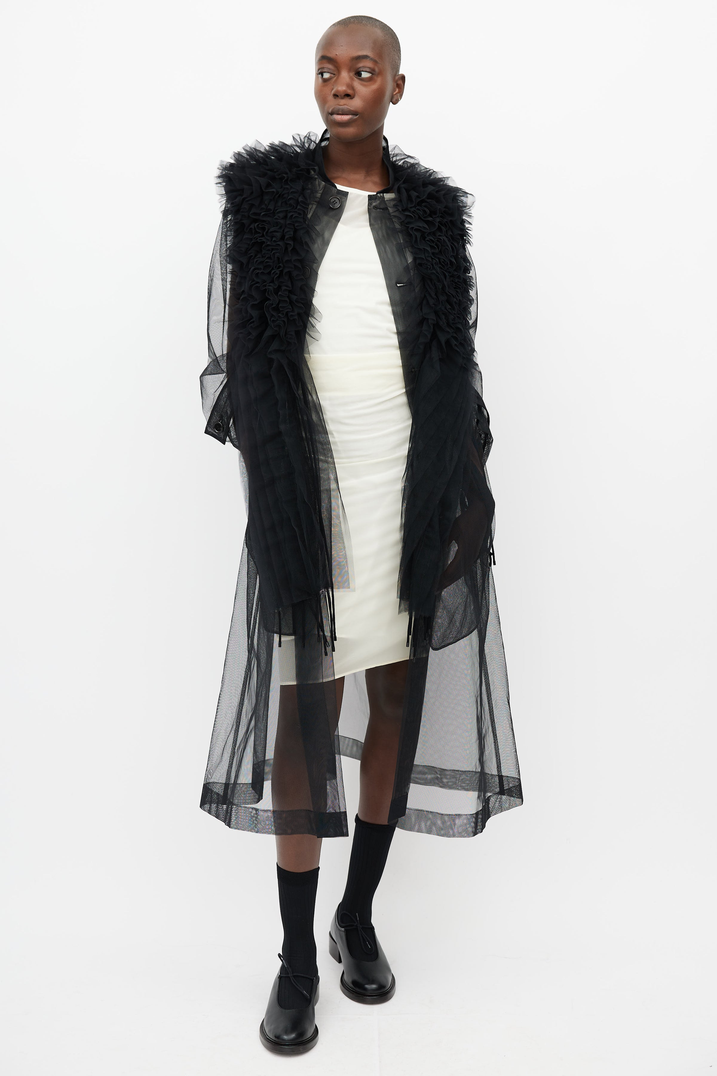 Noir Kei Ninomiya // Black Ruffled Sheer Shirt Dress VSP Consignment Noir Kei Ninomiya // Black Ruffled Sheer Shirt Dress VSP Consignment