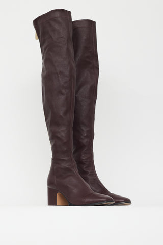 Nomasei Burgundy Leather Striped Knee High Boot