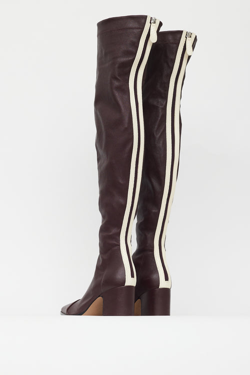 Nomasei Burgundy Leather Striped Knee High Boot