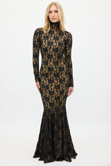 Norma Kamali Black & Beige Floral Lace Open Back Gown