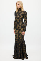 Norma Kamali Black & Beige Floral Lace Open Back Gown
