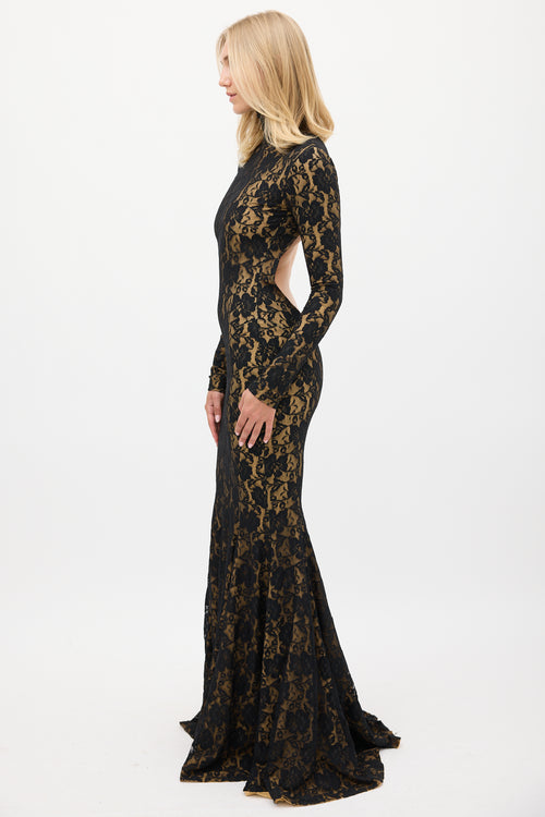 Norma Kamali Black & Beige Floral Lace Open Back Gown