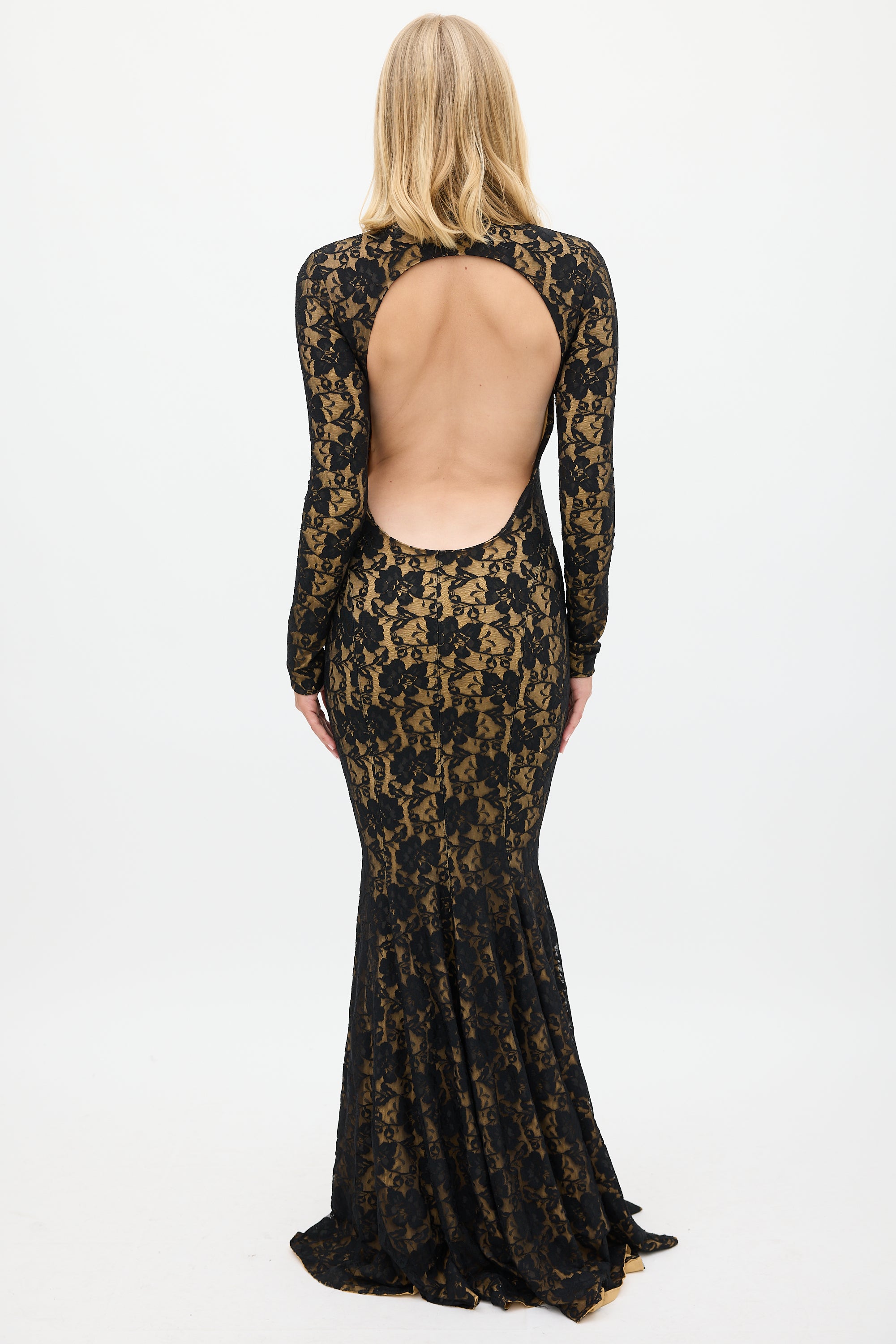 Norma Kamali // Black & Beige Floral Lace Open Back Gown VSP Consignment Norma Kamali // Black & Beige Floral Lace Open Back Gown VSP Consignment