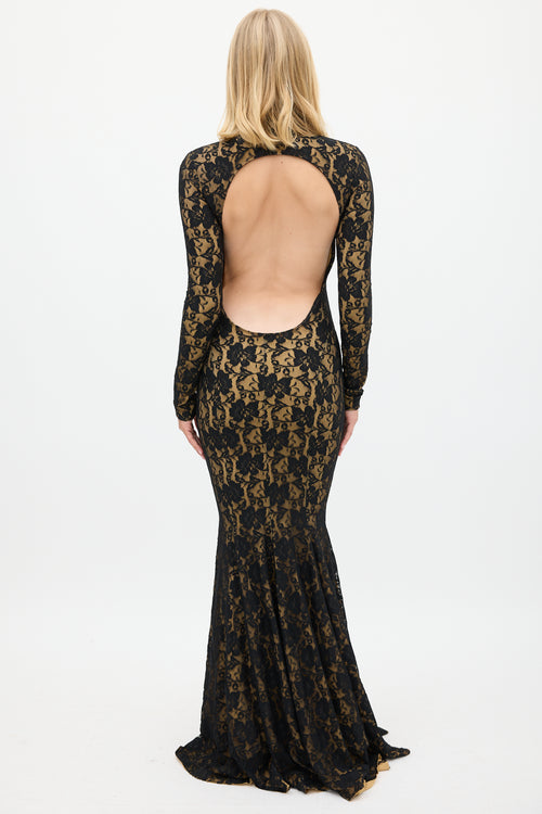 Norma Kamali Black & Beige Floral Lace Open Back Gown
