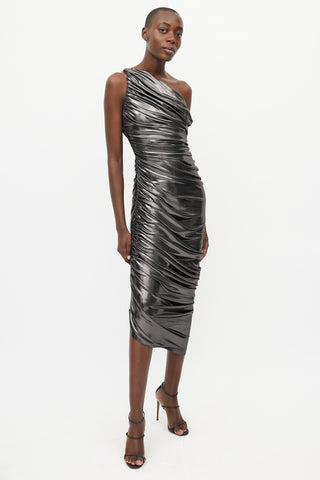 Norma Kamali Grey Metallic Ruched Diana Dress