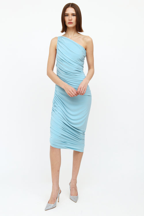 Norma KamaliLight Blue Ruched Asymmetrical Sleeveless Dress