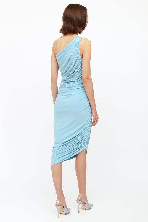 Norma KamaliLight Blue Ruched Asymmetrical Sleeveless Dress