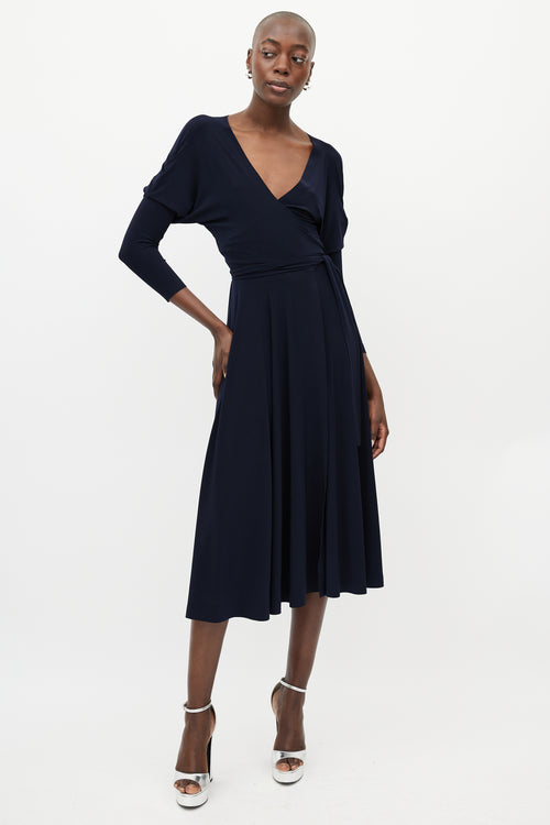 Norma Kamali Navy Dolman Wrap Flared Dress