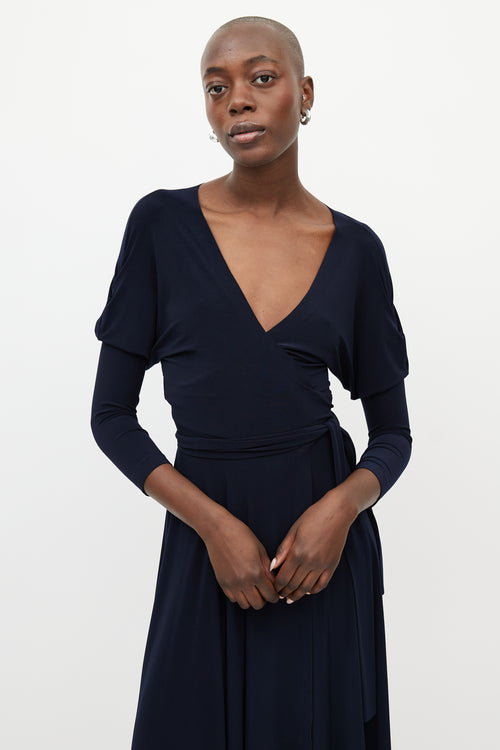 Norma Kamali Navy Dolman Wrap Flared Dress