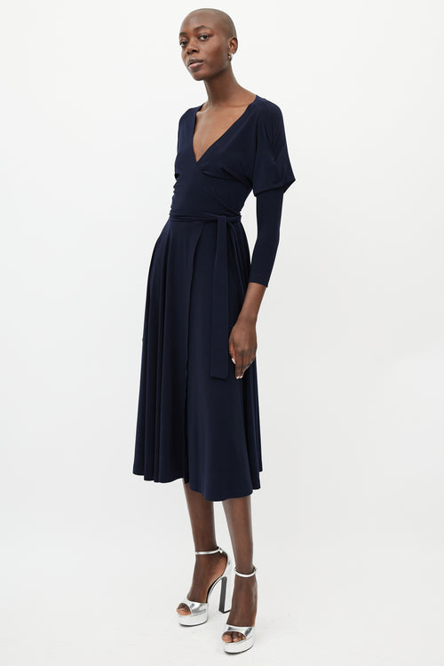 Norma Kamali Navy Dolman Wrap Flared Dress