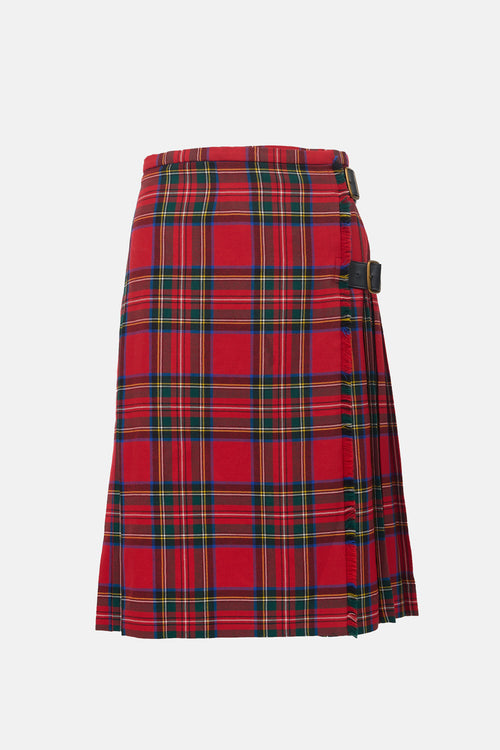 Burberry Wool Tartan Pleated Wrap Skirt