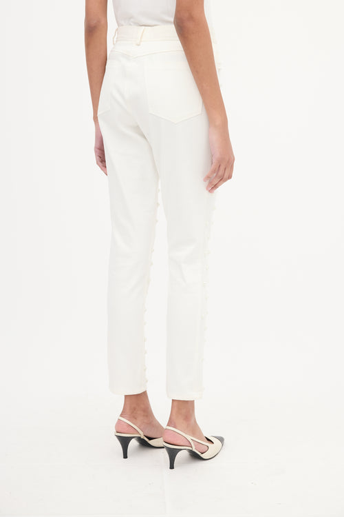 Oscar de la Renta White Faux Pearl Embellished Slim Jeans